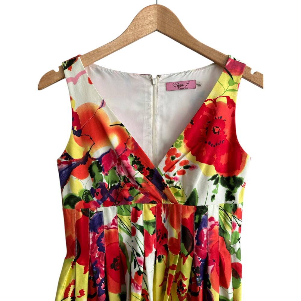 Eliza J Sleeveless V Neck  Floral Romantic Pockets Fit Flare Cotton Dress Size 2 - Picture 2 of 8